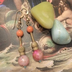 Pink coral candy earrings- semiprecious, goldfill beads, and vintage handmade